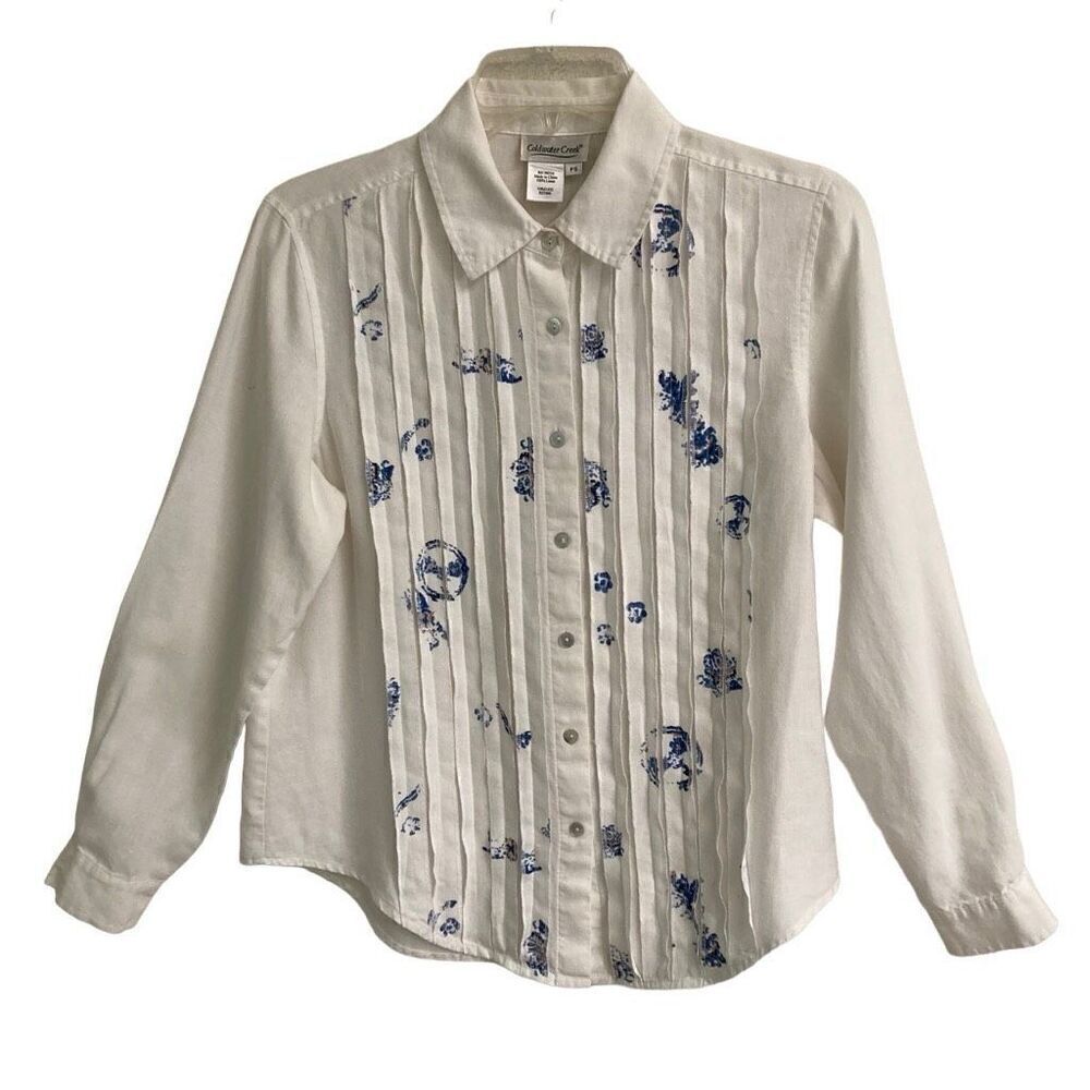 Chico’s 100% linen pleated white blue floral button up blouse women’s PS